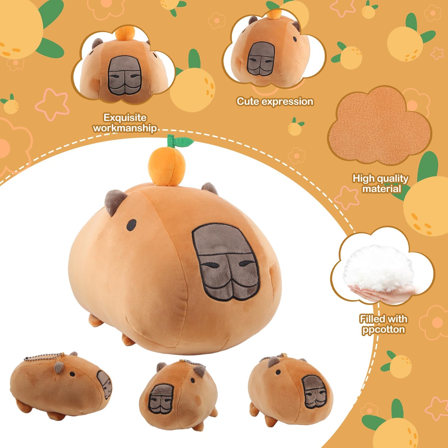 Capybara Stuffed Animals with 3 Small CapybaraPlush Toys, 4Piece Soft Capybara Stuffed Animals Zippers with Tangerine Playset, Capybara Mom with Babies