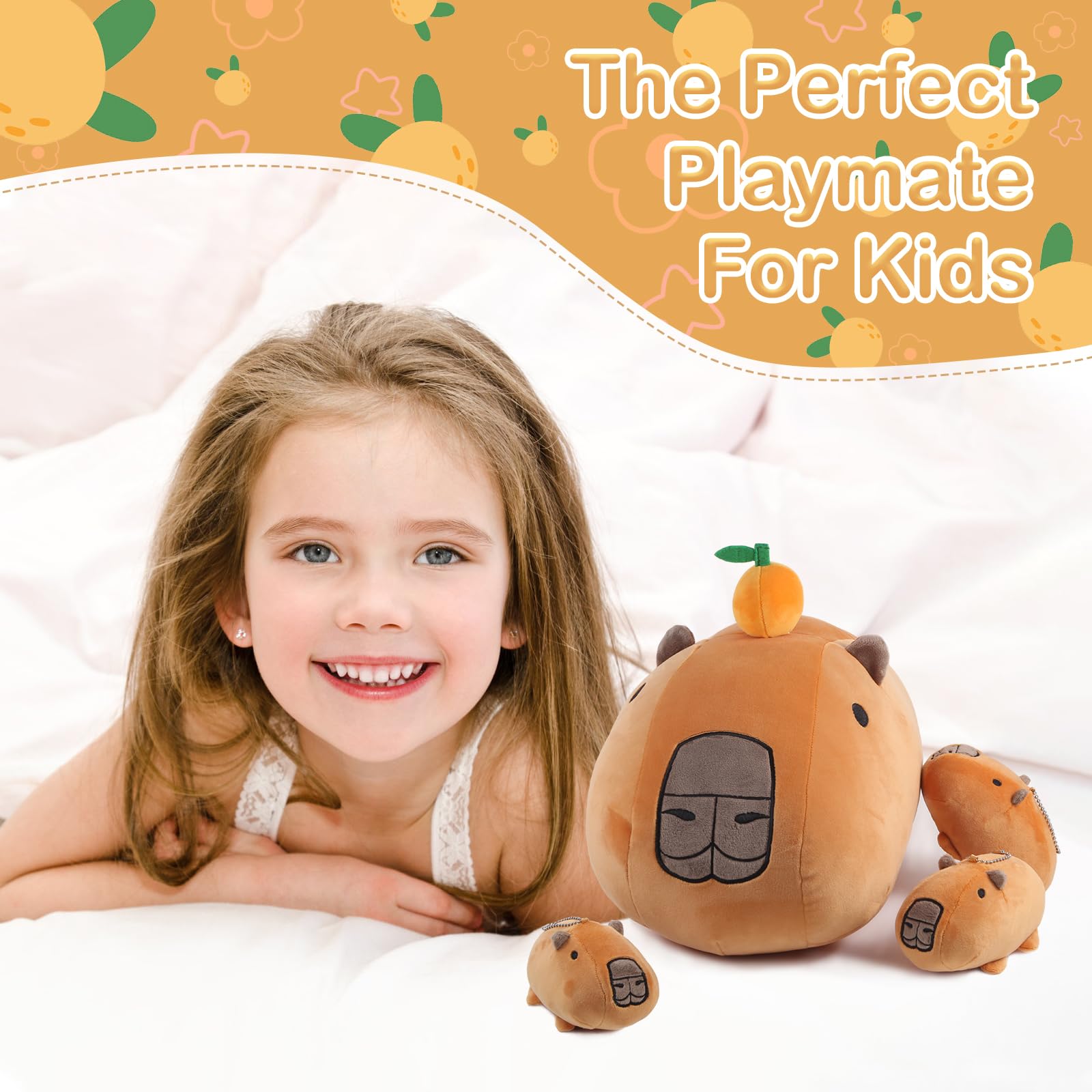 Capybara Stuffed Animals with 3 Small CapybaraPlush Toys, 4Piece Soft Capybara Stuffed Animals Zippers with Tangerine Playset, Capybara Mom with Babies