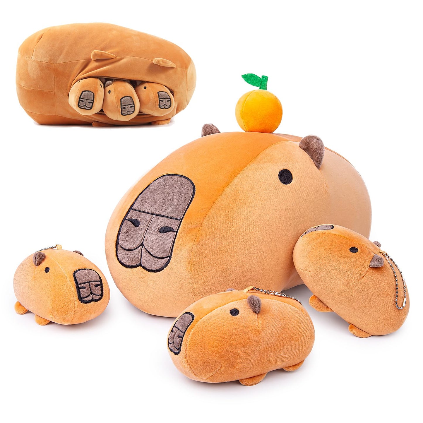 Capybara Stuffed Animals with 3 Small CapybaraPlush Toys, 4Piece Soft Capybara Stuffed Animals Zippers with Tangerine Playset, Capybara Mom with Babies