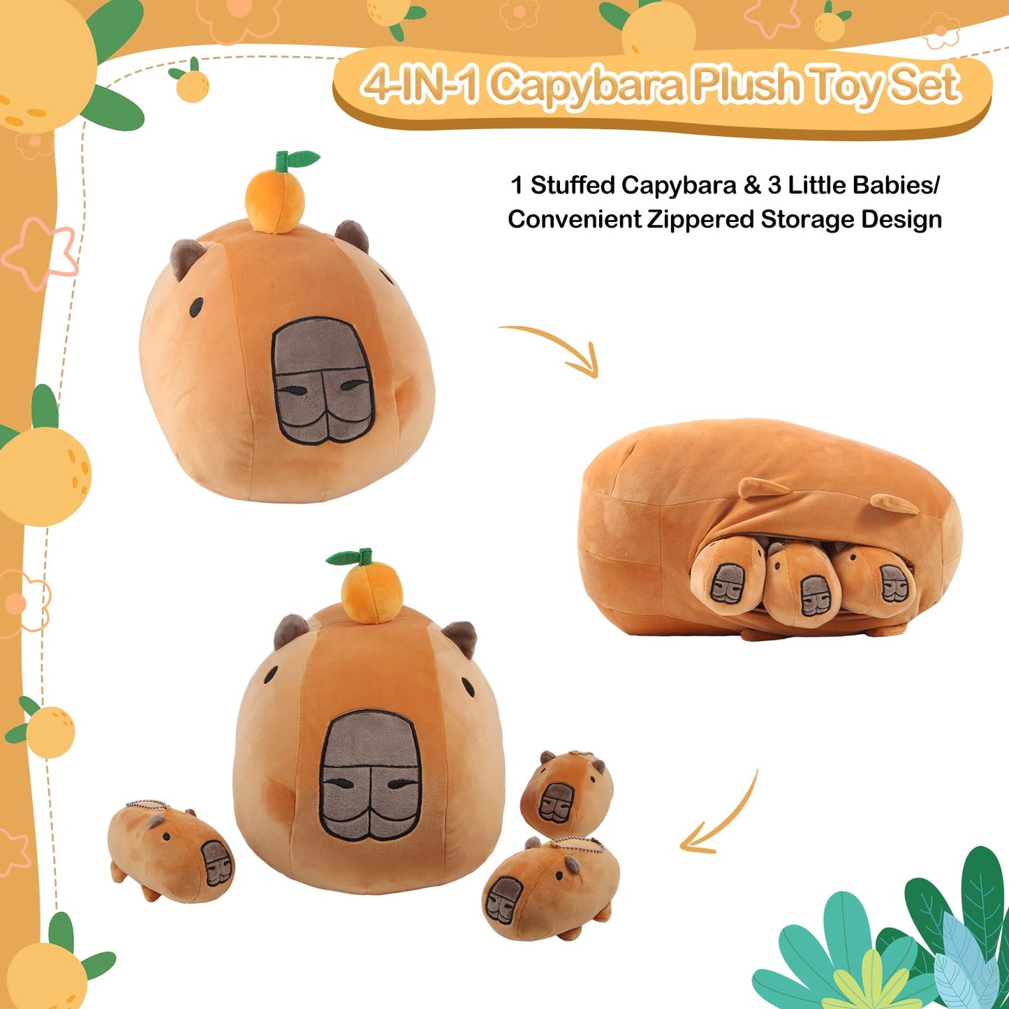Capybara Stuffed Animals with 3 Small CapybaraPlush Toys, 4Piece Soft Capybara Stuffed Animals Zippers with Tangerine Playset, Capybara Mom with Babies