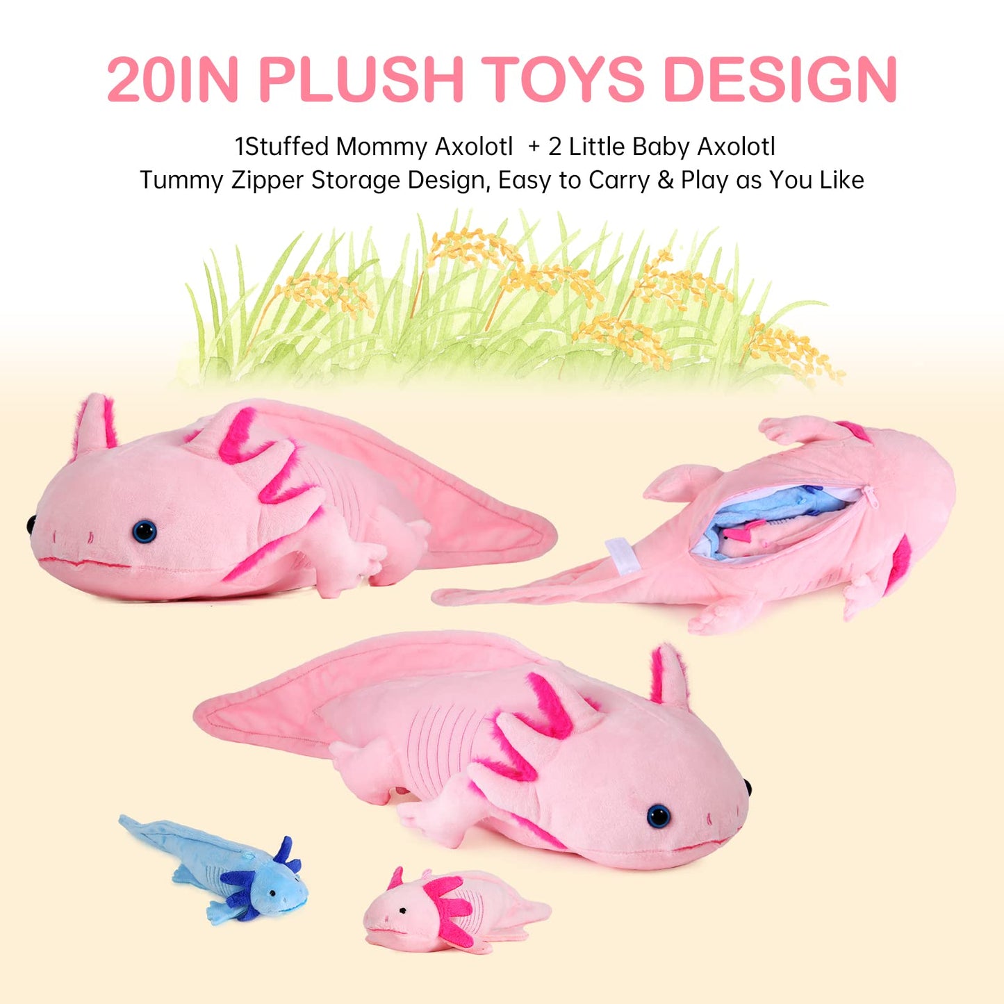 Axolotl Plush with 2 Small Axolotl Stuffed Animals, 3Piece Soft Axolotl Stuffed Animals Zippers Playset, Axolotl Mom with Babies, Unique Plushie Toys Model Dolls Collection for Kids