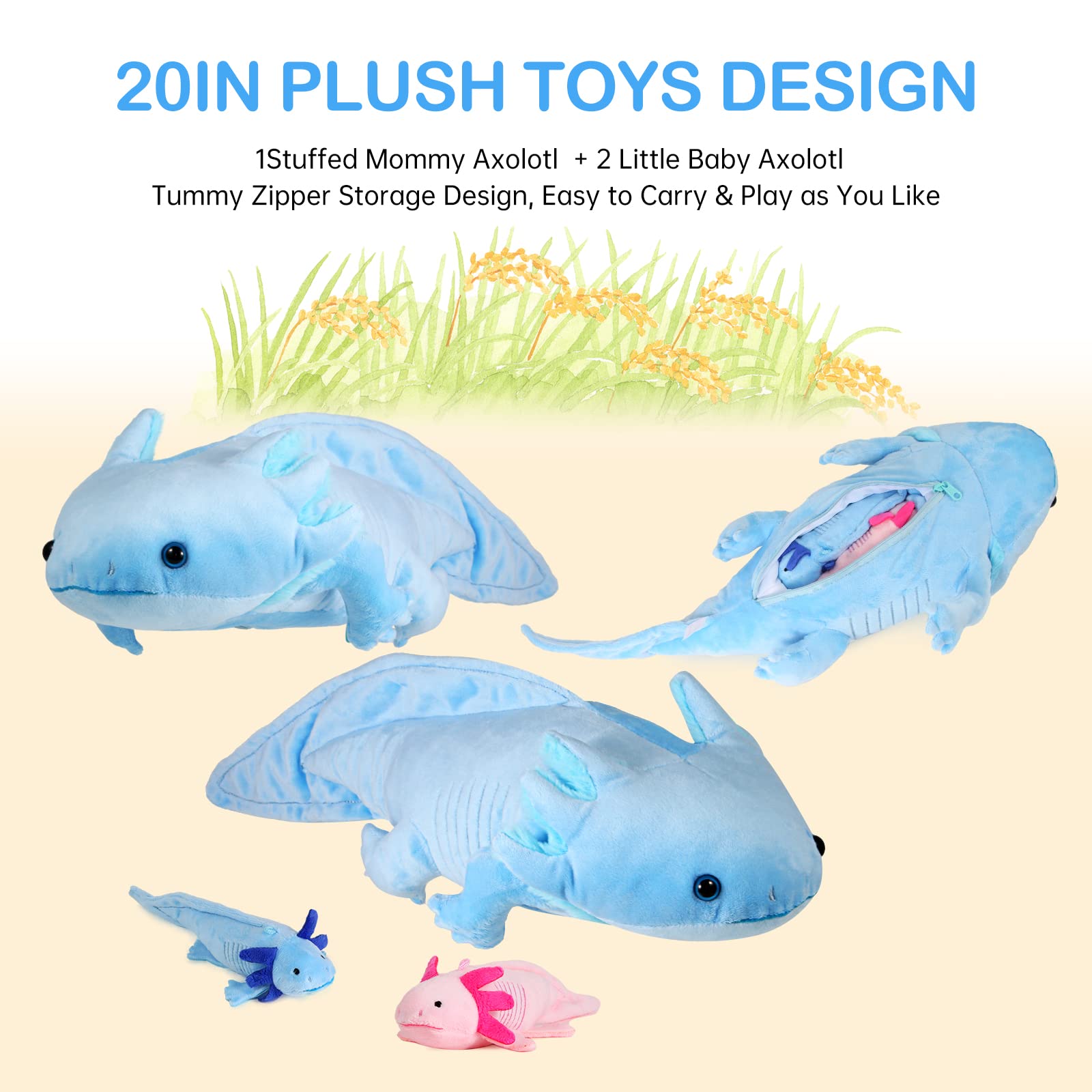 Axolotl-Plüschtier mit 2 kleinen Axolotl-Stofftieren, 3-teiliges weiches Axolotl-Stofftier-Spielset mit Reißverschlüssen, Axolotl-Mama mit Babys, einzigartige Plüschspielzeug-Modellpuppen-Kollektion für Kinder