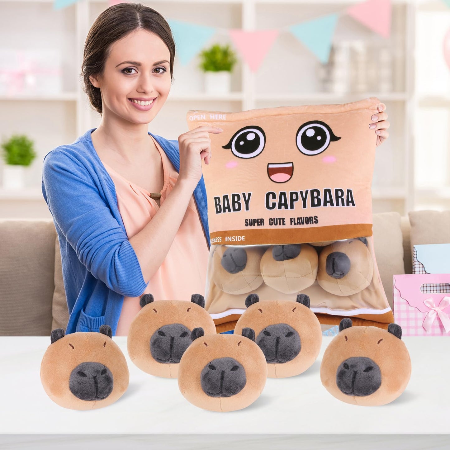 Capybara Snack Bag Plush Pillow, Removable Stuffed Animals with 6 Mini Capybara Stuffed Animals