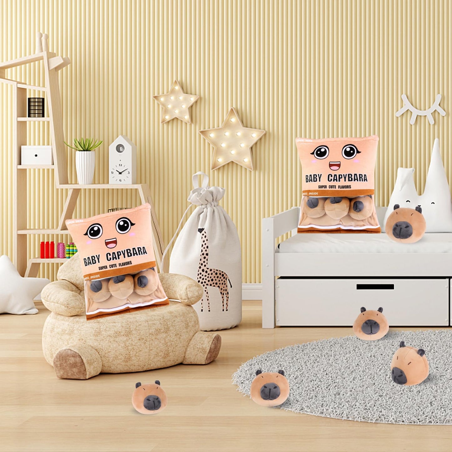 Capybara Snack Bag Plush Pillow, Removable Stuffed Animals with 6 Mini Capybara Stuffed Animals