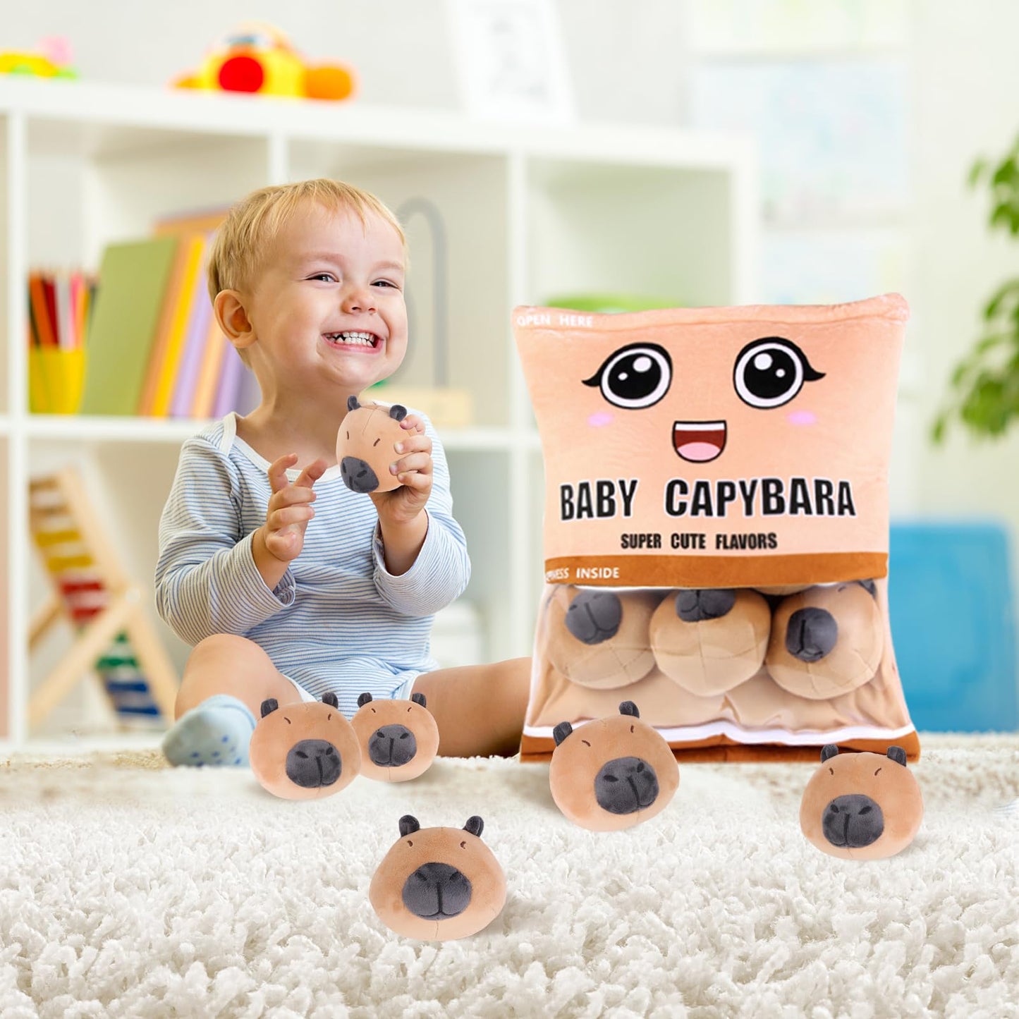 Capybara Snack Bag Plush Pillow, Removable Stuffed Animals with 6 Mini Capybara Stuffed Animals
