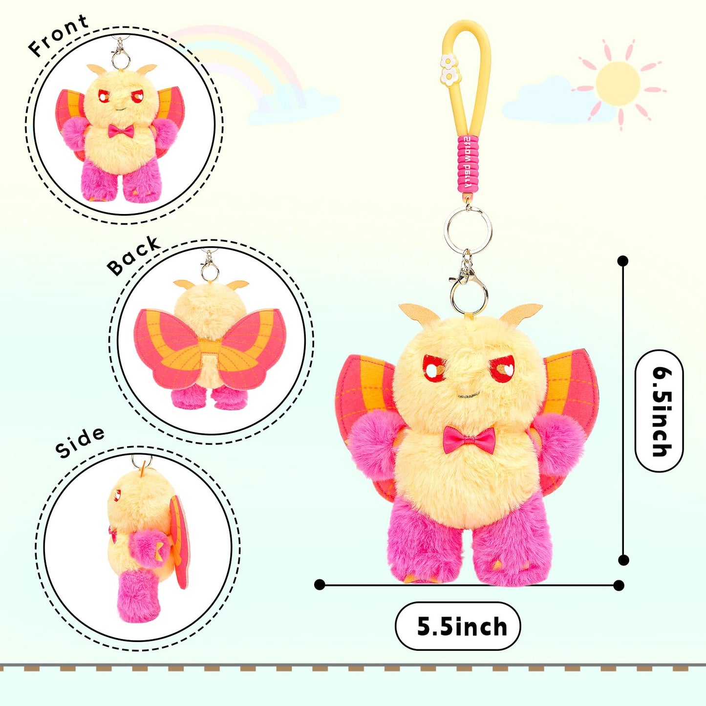 Silk Moth Plush Keychain Toy, Cute Silk Moths Stuffed Animal Figure Keychain 6.5in, Cute Removable Plushie Figure as Gift for Your Friends