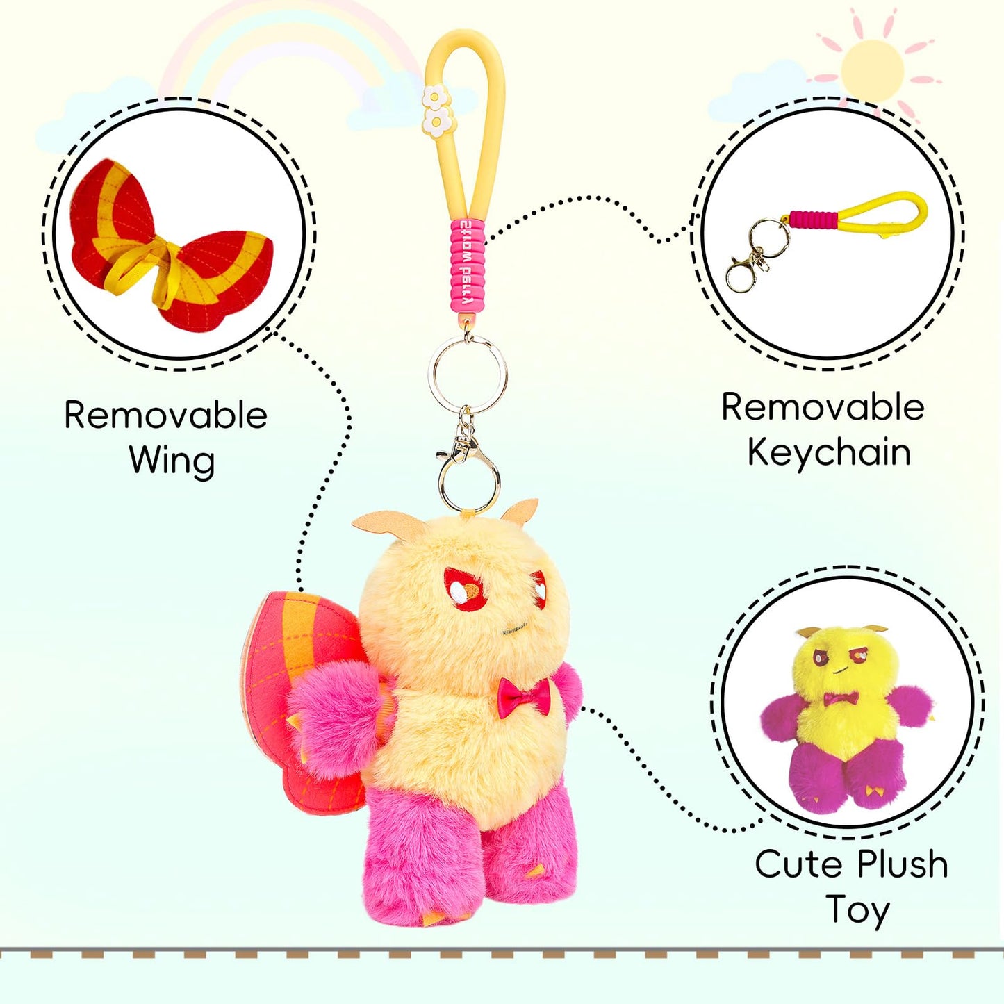 Silk Moth Plush Keychain Toy, Cute Silk Moths Stuffed Animal Figure Keychain 6.5in, Cute Removable Plushie Figure as Gift for Your Friends
