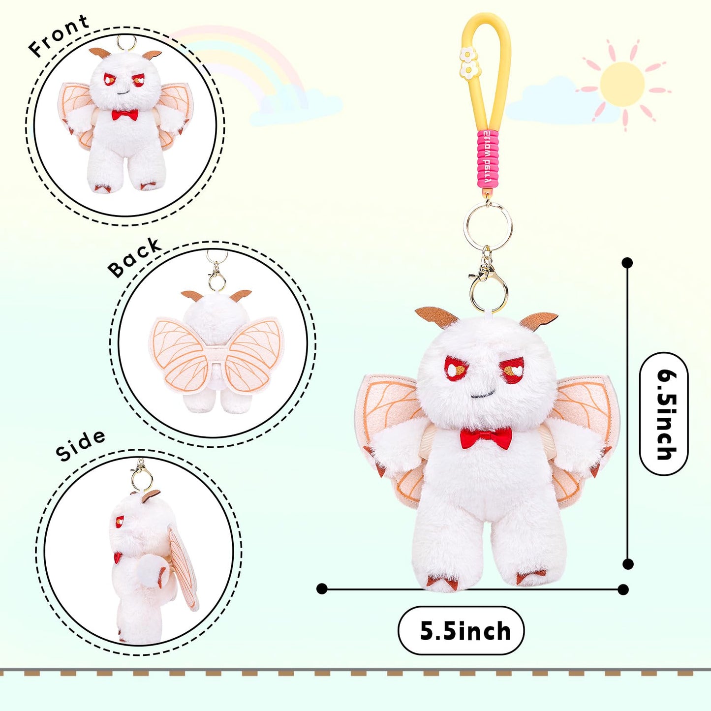 Silk Moth Plush Keychain Toy, Cute Silk Moths Stuffed Animal Figure Keychain 6.5in, Cute Removable Plushie Figure as Gift for Your Friends