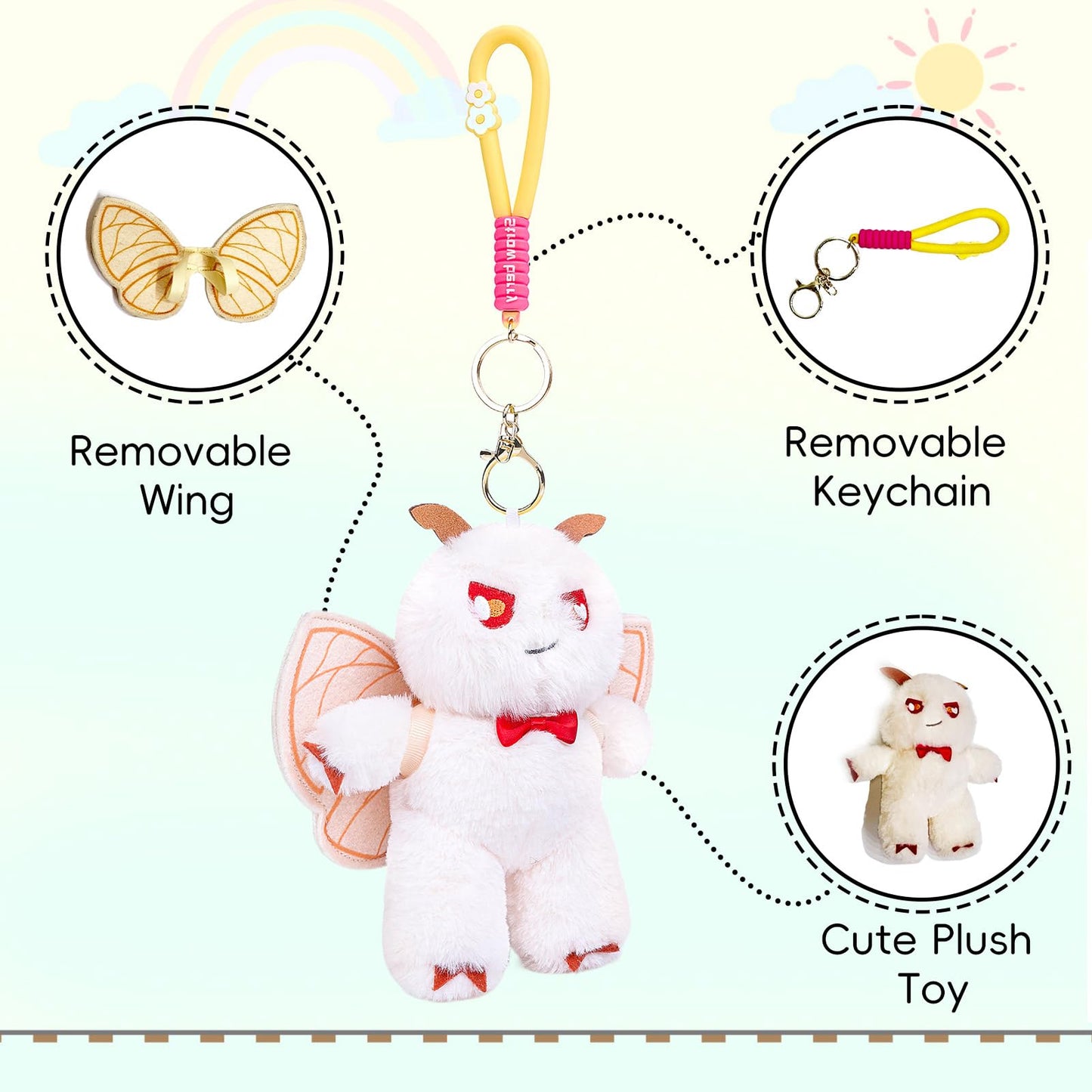 Silk Moth Plush Keychain Toy, Cute Silk Moths Stuffed Animal Figure Keychain 6.5in, Cute Removable Plushie Figure as Gift for Your Friends