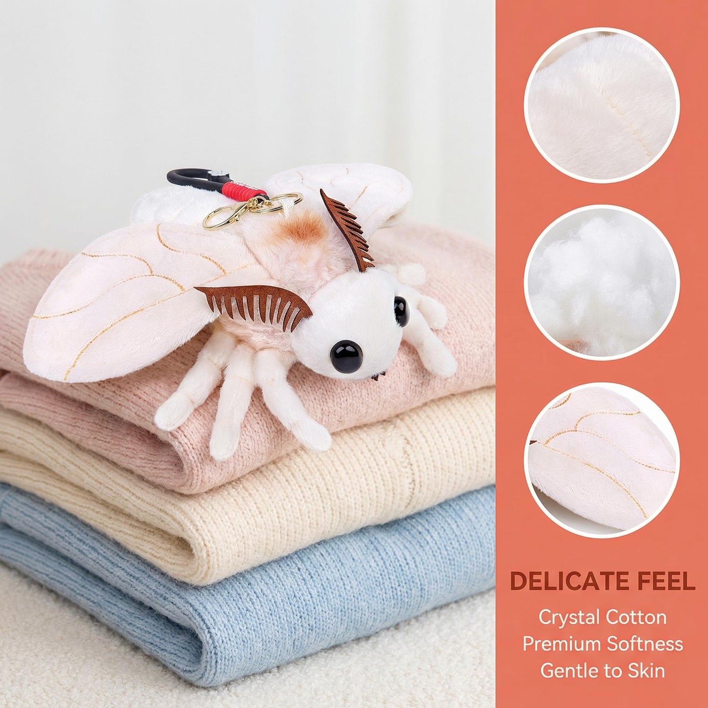 Little Silk Moth Plush Toy - Realistic Silk Moths Stuffed Animal Keychain Toys, Cute Plushie Figure as Gift for Your Friends