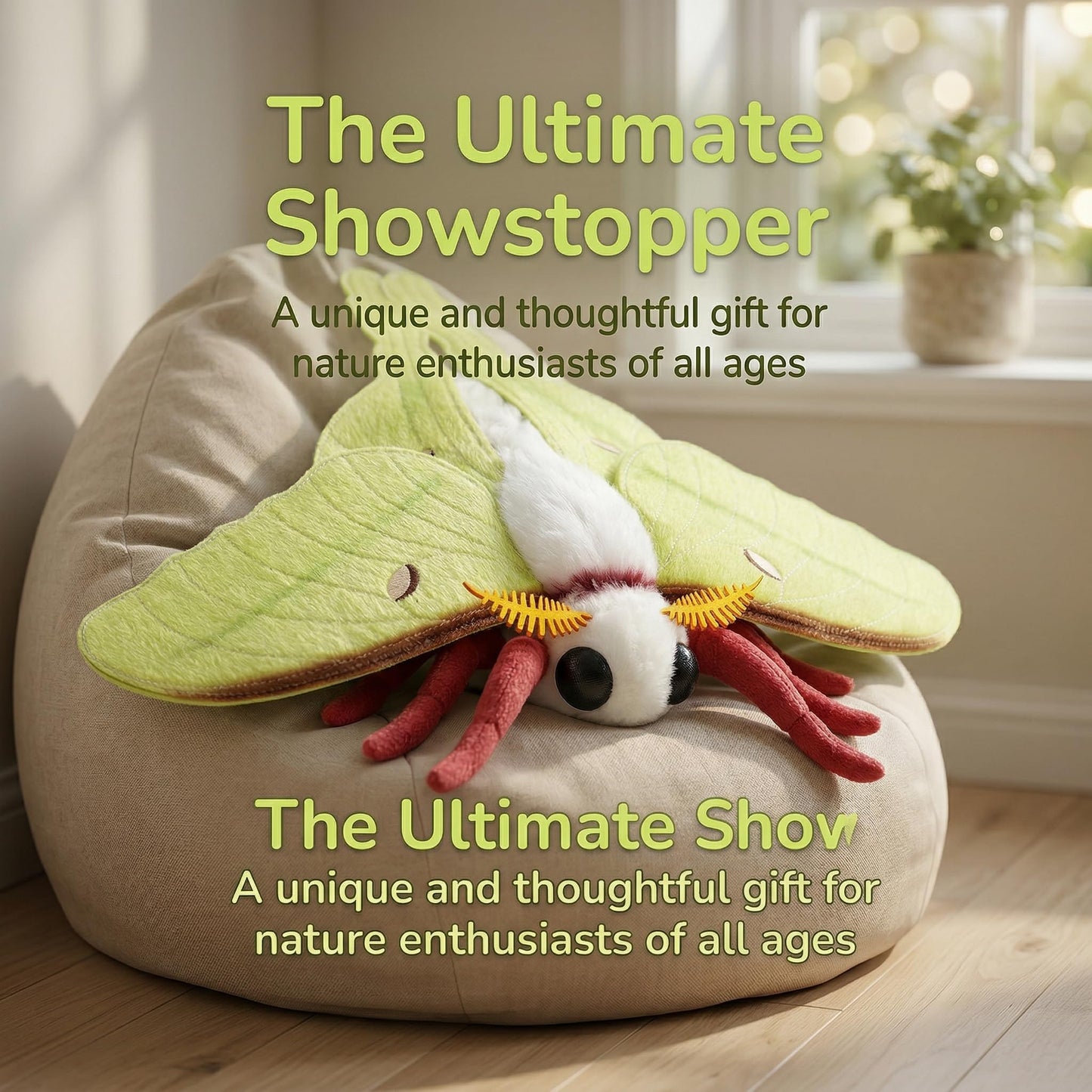 Luna Moth Stuffed Animal Plush Toy, Lifelike Stuffed Luna Moth Plushies Doll 11in, New Upgrade Portable Moths Model Plush Toy Gifts for Kids Adults