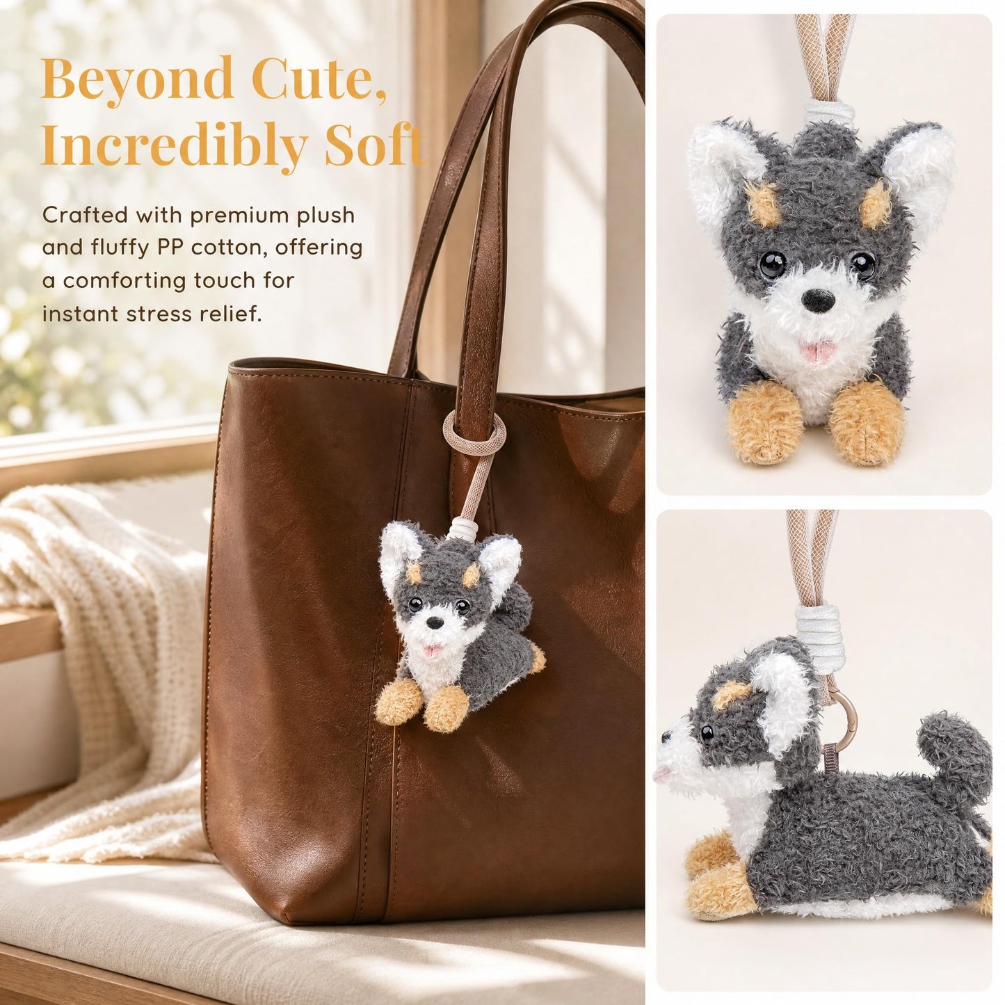 Cute Dog Plush Keychain, Soft Stuffed Animal Dog Charm, for Birthday, Party Favors, Holiday Gifting
