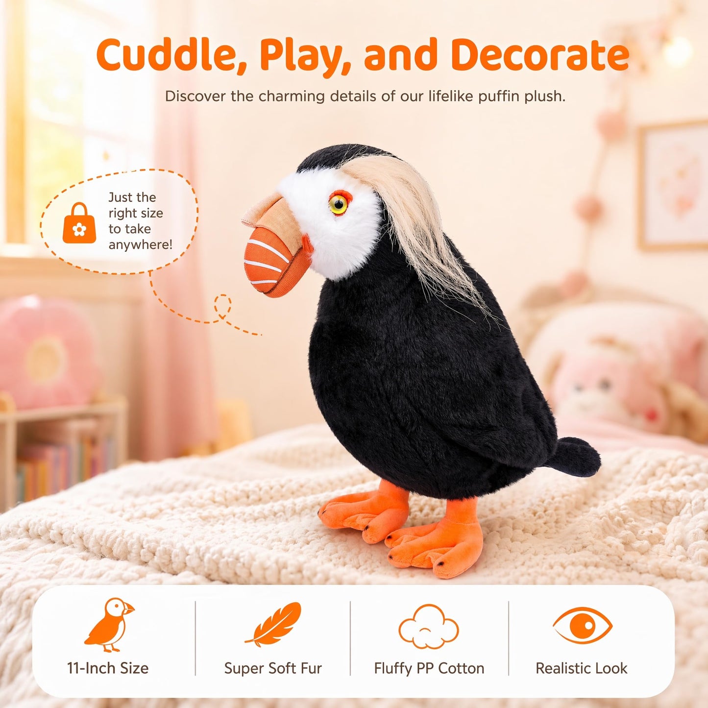 Puffin Plush Toy, Lifelike Puffin Stuffed Animals 11in, Soft Puffin Unique Plushie Toys Model Dolls Collection for Kids