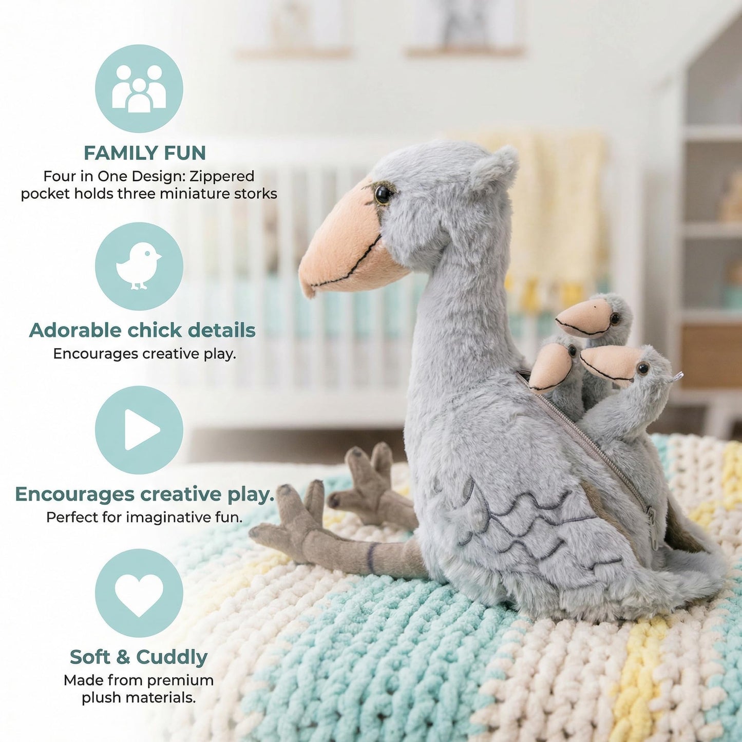 Plush Shoebill Toys Stuffed Animal with 3 Shoebills Baby Stuffed Animals - Big Shoebill Stork Zippers 3 Little Plush Baby Shoebills, Gift for Storks Lovers