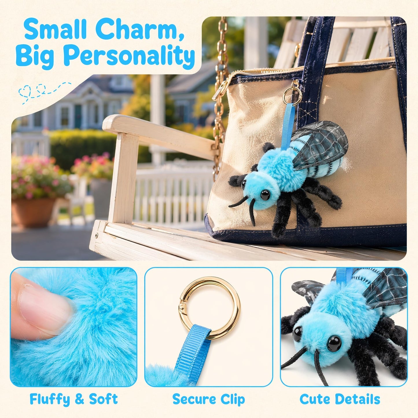 Bee Plush Keychain Toy - Realistic Bee Stuffed Animals Keyring Pendant, Cute Bee Plushie Toys for Backpack Handbag Charms