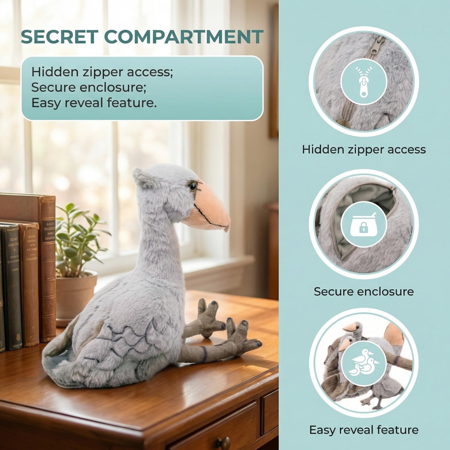 Plush Shoebill Toys Stuffed Animal with 3 Shoebills Baby Stuffed Animals - Big Shoebill Stork Zippers 3 Little Plush Baby Shoebills, Gift for Storks Lovers