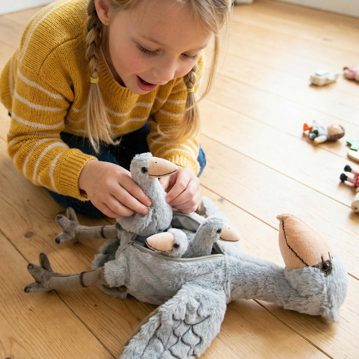 Plush Shoebill Toys Stuffed Animal with 3 Shoebills Baby Stuffed Animals - Big Shoebill Stork Zippers 3 Little Plush Baby Shoebills, Gift for Storks Lovers
