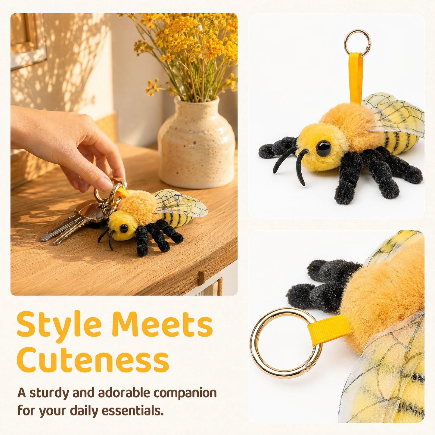 Bee Plush Keychain Toy - Realistic Bee Stuffed Animals Keyring Pendant, Cute Bee Plushie Toys for Backpack Handbag Charms