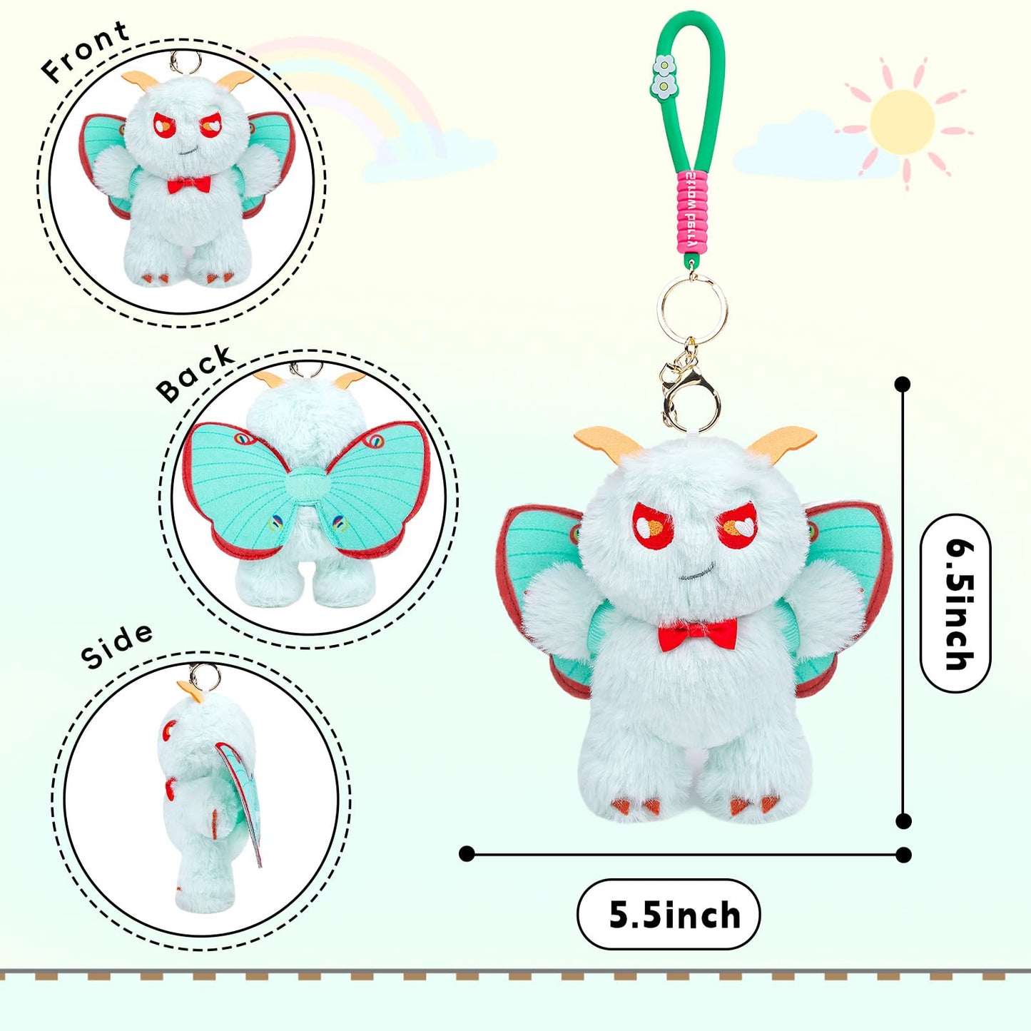 Silk Moth Plush Keychain Toy, Cute Silk Moths Stuffed Animal Figure Keychain 6.5in, Cute Removable Plushie Figure as Gift for Your Friends