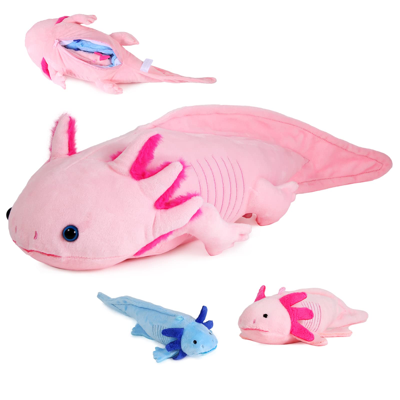 Axolotl Plush with 2 Small Axolotl Stuffed Animals, 3Piece Soft Axolotl Stuffed Animals Zippers Playset, Axolotl Mom with Babies, Unique Plushie Toys Model Dolls Collection for Kids