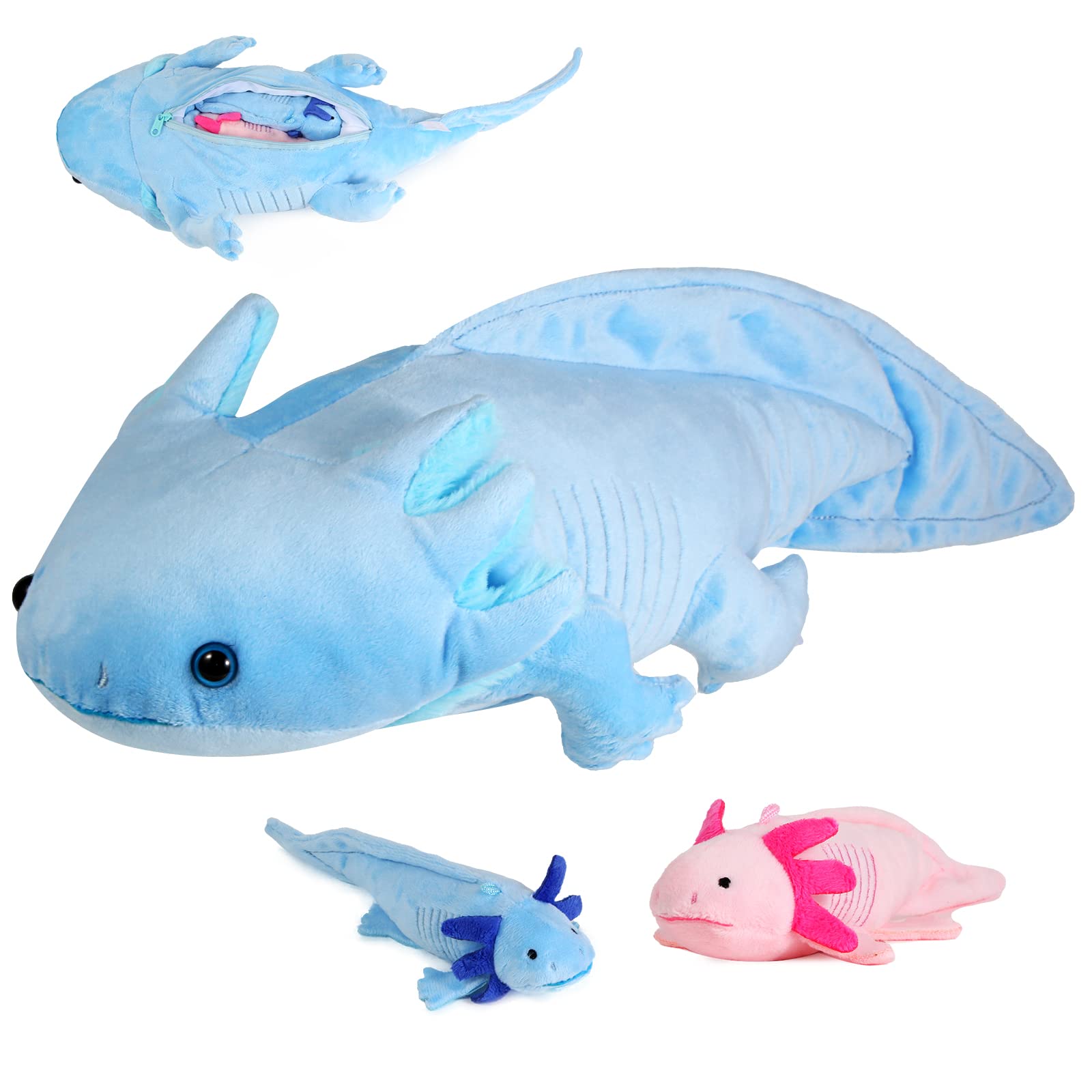 Axolotl Plush with 2 Small Axolotl Stuffed Animals, 3Piece Soft Axolotl Stuffed Animals Zippers Playset, Axolotl Mom with Babies, Unique Plushie Toys Model Dolls Collection for Kids