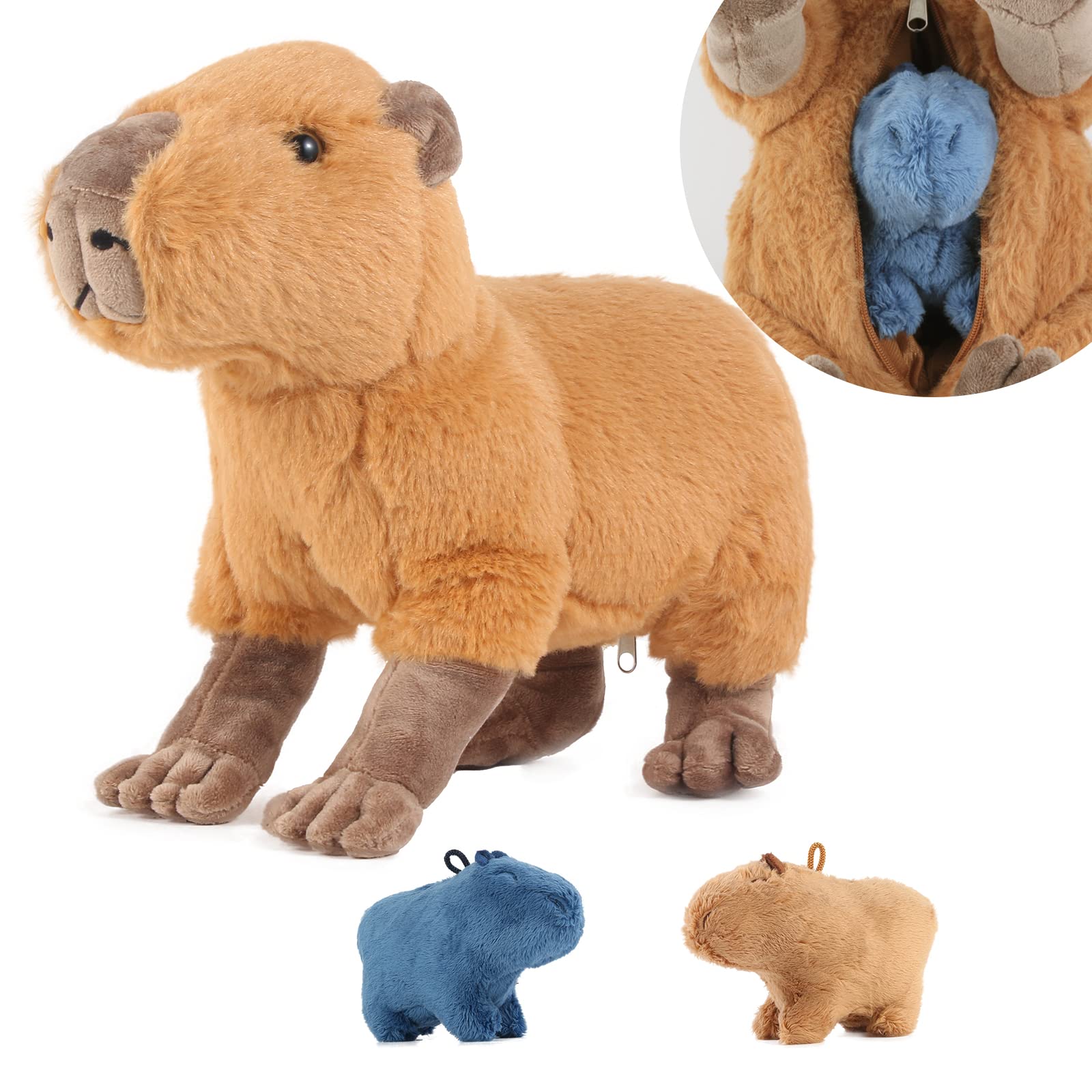 Capybara Plush with 2 Small Capybara Stuffed Animals, 3Piece Soft Capybara Stuffed Animals Zippers Playset, Capybara Mom with Babies