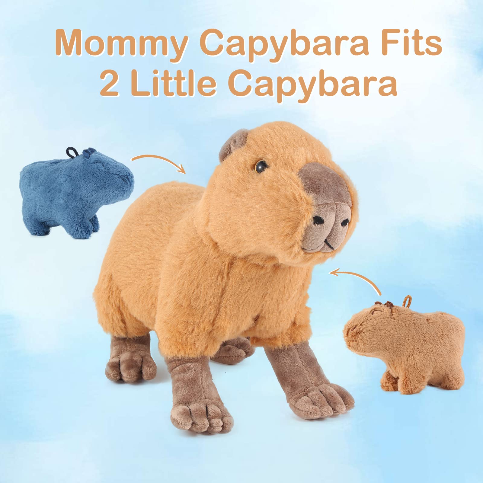 Capybara Plush with 2 Small Capybara Stuffed Animals, 3Piece Soft Capybara Stuffed Animals Zippers Playset, Capybara Mom with Babies