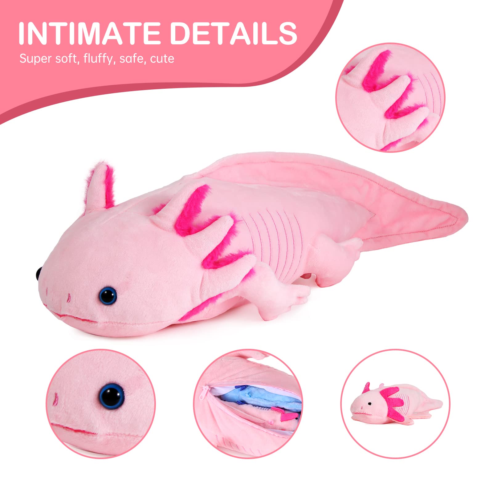 Axolotl Plush with 2 Small Axolotl Stuffed Animals, 3Piece Soft Axolotl Stuffed Animals Zippers Playset, Axolotl Mom with Babies, Unique Plushie Toys Model Dolls Collection for Kids